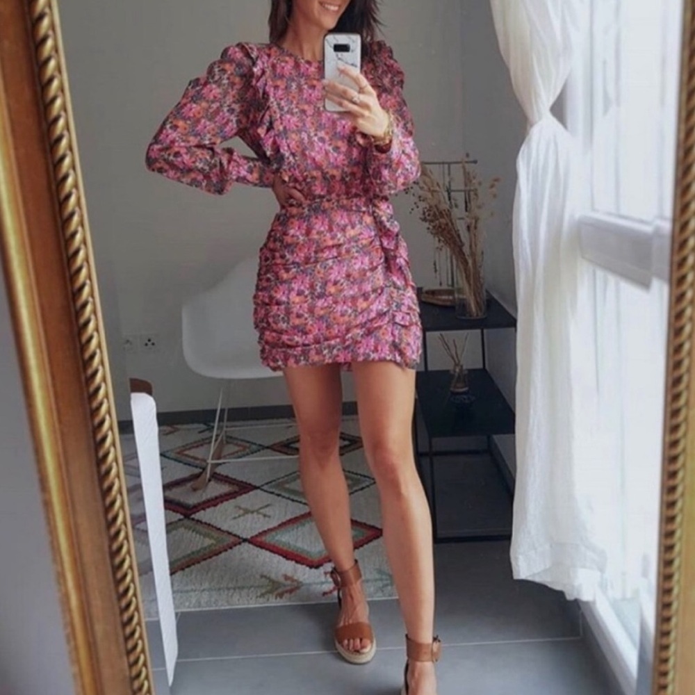 Zara Floral Ruched Ruffle Mini Dress Size S - Picture 15 of 16